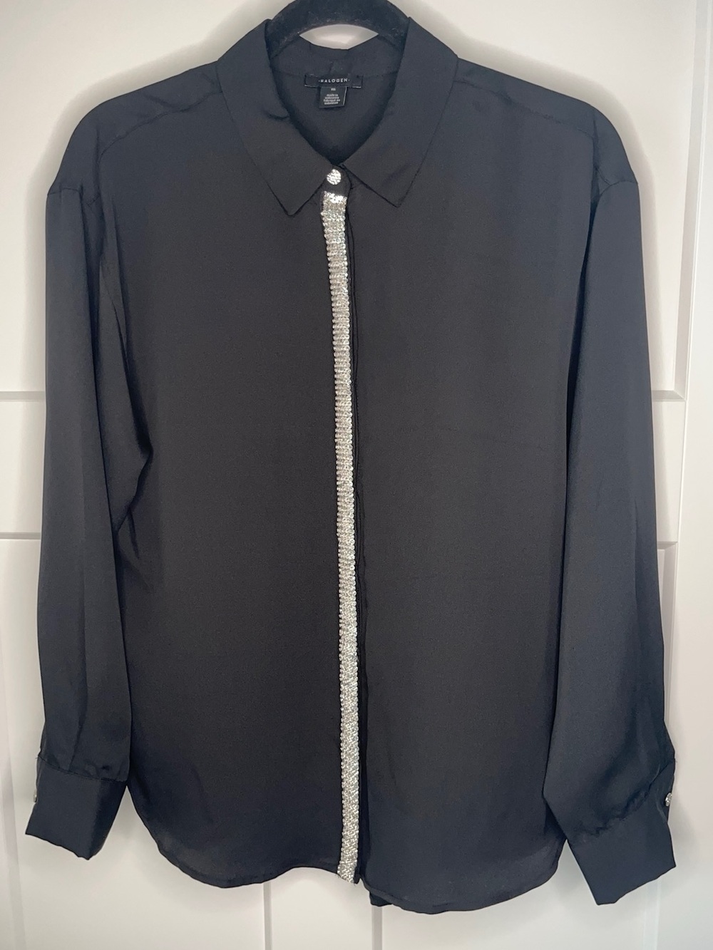 Halogen Black Long-Sleeve Button Down Shirt Silver Rhinestone Trim Size Medium